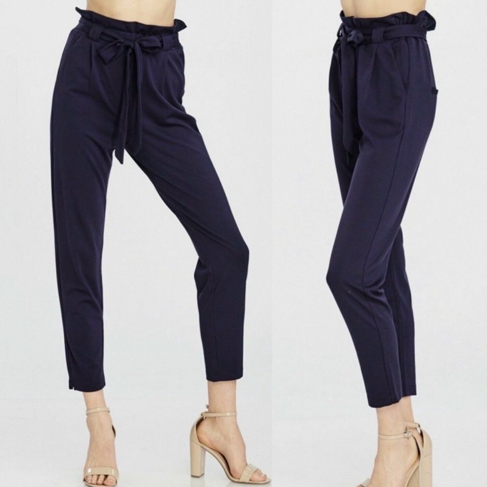 RESET BY Janet Forest Green paper-bag High waist Slim Tie Pants